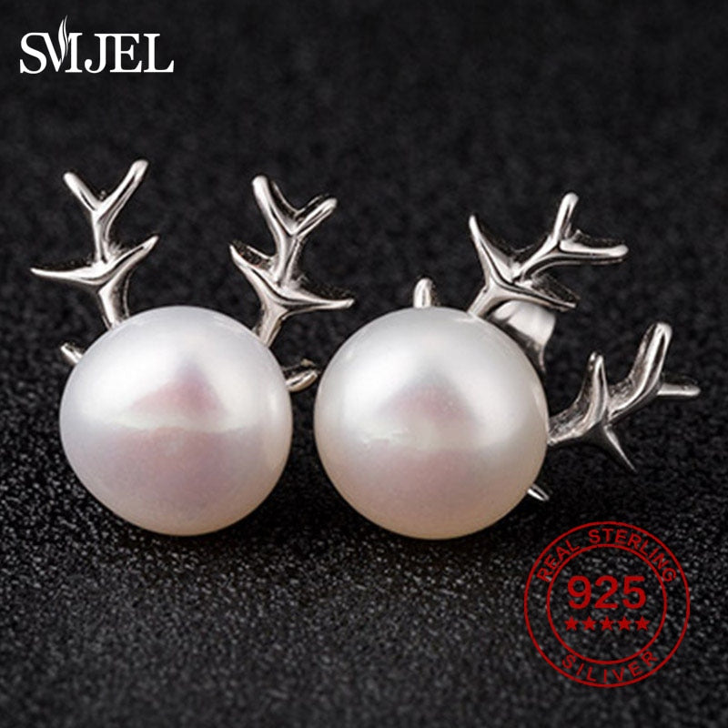 100% 925 Sterling Silver Natural Pearl Deer Earrings for Women Christmas Earring Elk Deer Horn Ear Jewelry