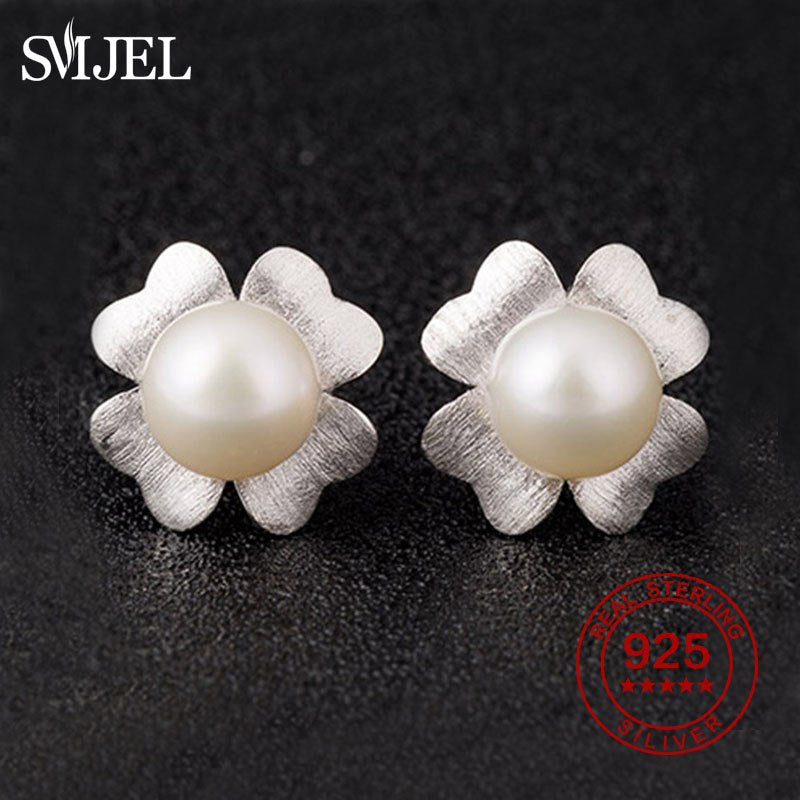100% 925 Sterling Silver Natural Pearl Earrings For Women AAAA Pearl Flower Stud Earring 7MM Wedding Ear