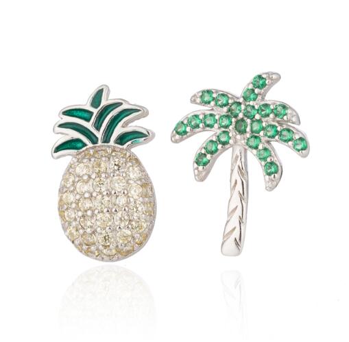 100% 925 Sterling Silver Pineapple Coconut Palm Tree Stud Earrings for Women White&Green Crystal Earrings Jewelry Brincos