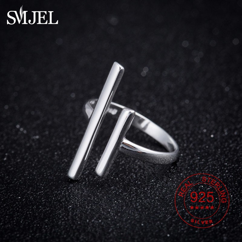 100% 925 Sterling Silver Simple Double Long Bar Rings Women Geometric Antique Ring Adjustable Femme Homme