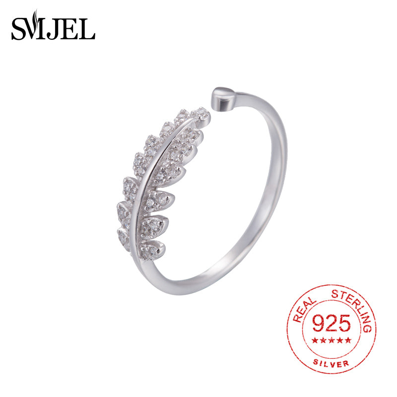 100% 925 Sterling Silver Simple Open Design Leaf Ring Personality Female Crystal Flower Rings Wedding Rings for Women