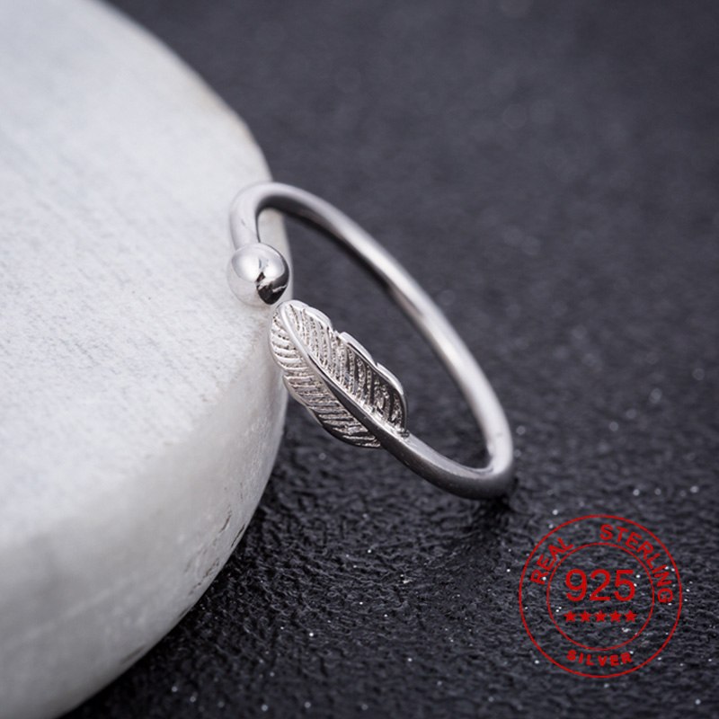100% 925 Sterling Silver Tiny Leaf Ring Women Anillos Bijoux Trendy Feather Rings Anel Men Adjustable Party