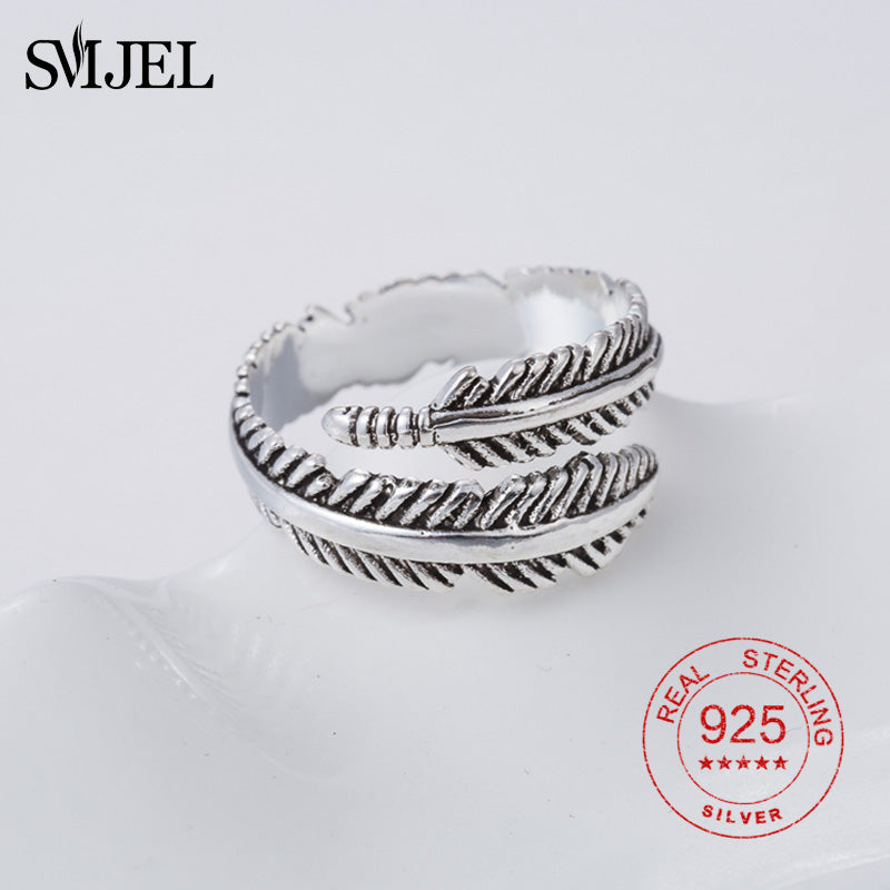 100% 925 Sterling Silver Vintage Feather Opening Full Finger Toe Bague For Women Simple Femme Homme Bijoux Fine Jewelry