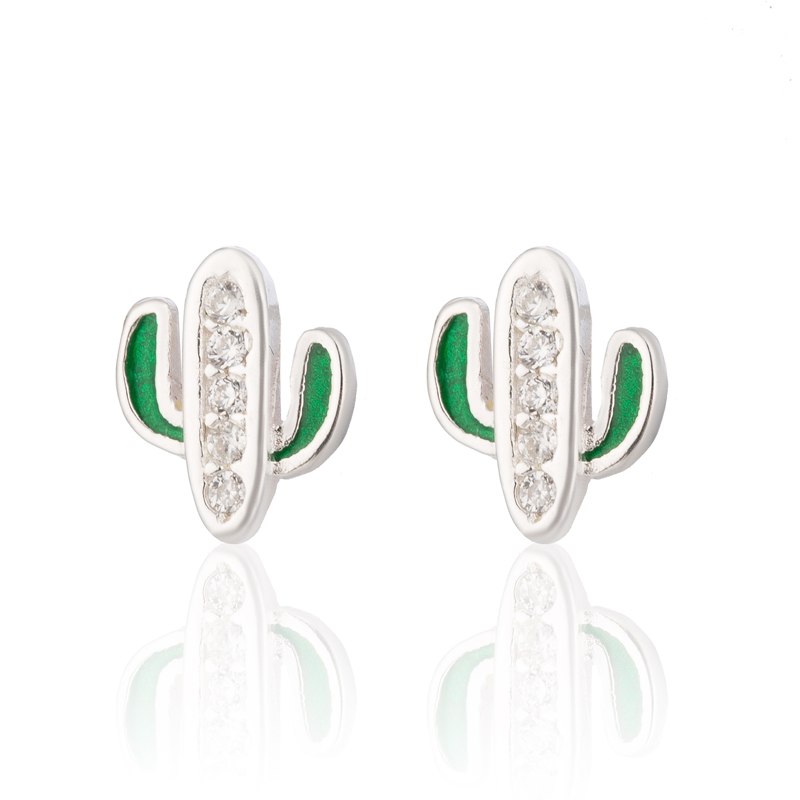 100% 925 Sterling Silver White & Green Cactus Stud Earrings for Women Silver Earring Jewelry Christmas Gift Bijoux