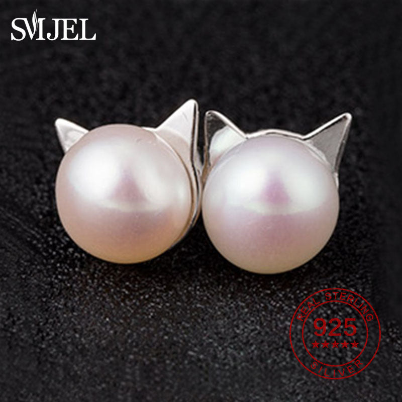 100% Genuine Pearl Cat Earrings 925 Sterling-Silver-Jewelry Animal Cat Ear Stud Earrings Christmas Gift Girl