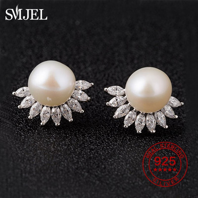 100% Genuine Pearl Earrings 925 Sterling Silver Crystal Flower Stud Earrings Ear Wedding Jewelry Gift