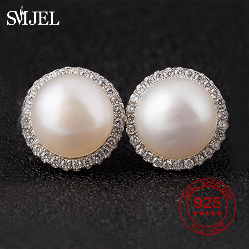 100% Genuine Pearl Stud Earrings Women Fashion 925 Sterling Silver Circle Earrings Wedding Jewelry Gifts