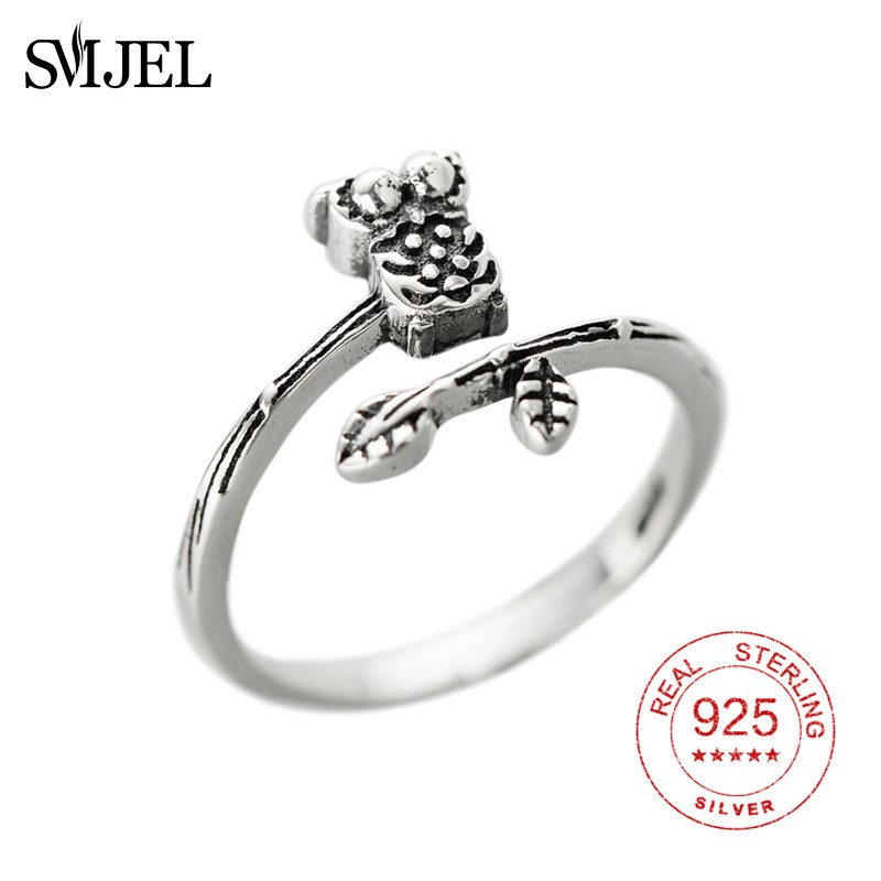 100% Sterling Silver Cute Night Owl Open Rings for Women Boho Leaf Branch Animal Bird Natural Ring Wedding Jewelry
