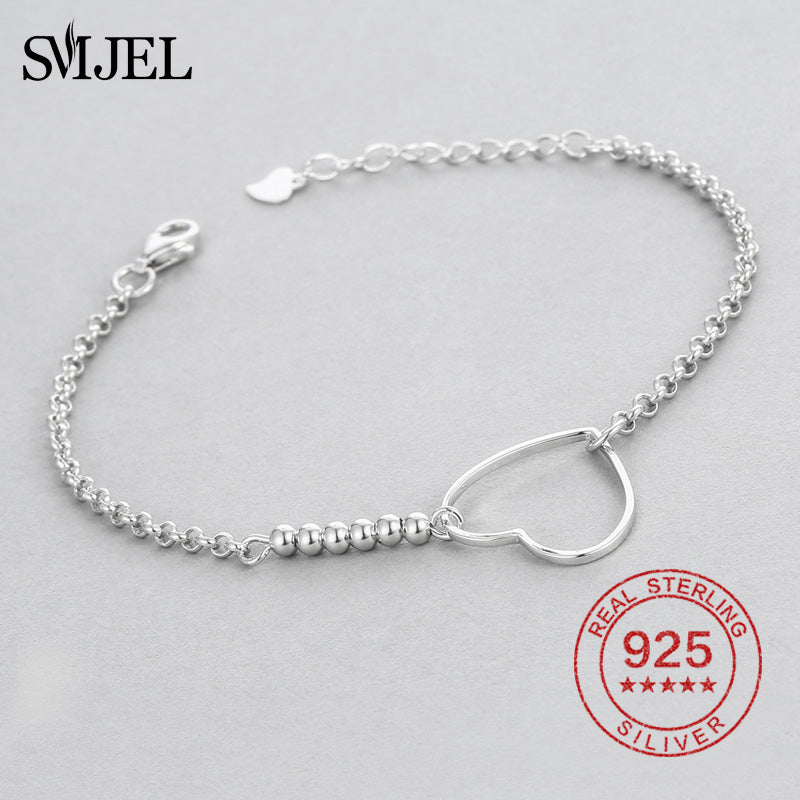100% Sterling Silver Hollow Heart Bracelet Women Love Heart Wedding Female Beads Bracelets Bangles pulseira masculina