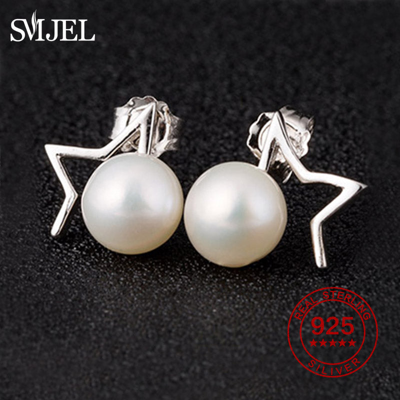 100% Sterling Silver Star Earrings Pearl Women Natural Pearl Earrings Stud Earrings Wedding Jewelry Girl