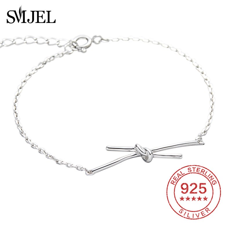 100% Sterling Silver Trendy Bow Bowknot Bracelet for Women Simple Long Bar Bracelets & Bangles Wedding Jewelry