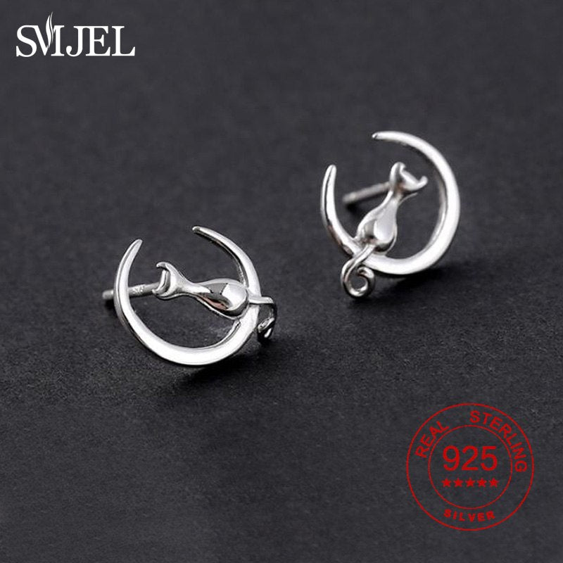 925 Sterling Silver Cute Animal Cat Stand Moon Stud Earrings for Women Cat Ear Earrings Jewelry oorbellen