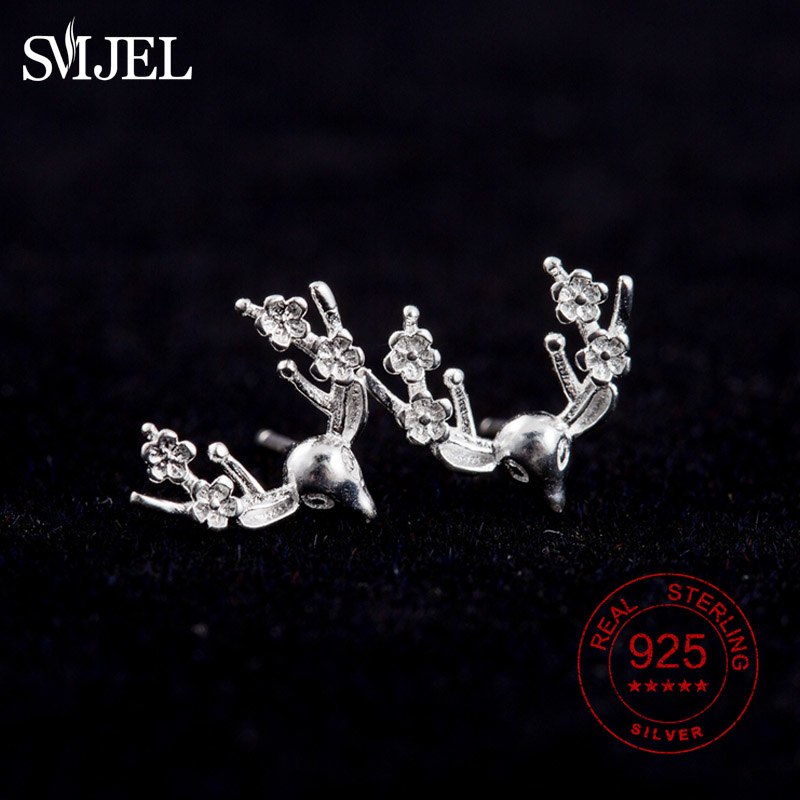 925 Sterling Silver Cute Antler Deer Stud Earrings for Women Elk Reindeer flower Earring Pendients Mujer Christmas Gift