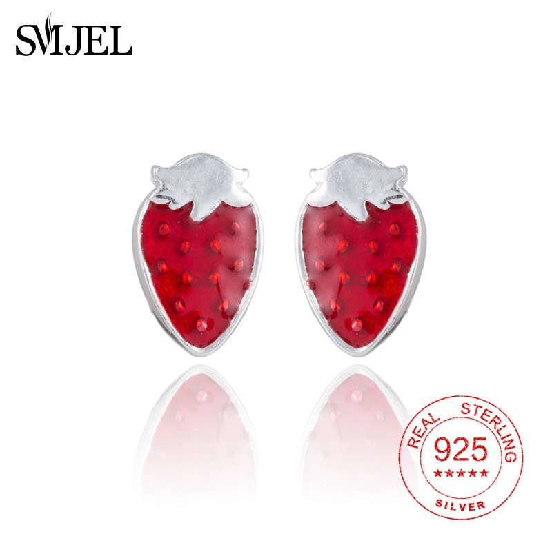 925 Sterling Silver Cute Enamel Strawberry Earrings Women Girl Gift Tiny Fruit Jewelry Earring Boucle D'oreille