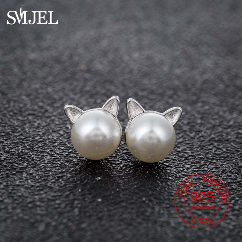 925 Sterling Silver Cute Pearl Cat Stud Earrings for Women Animal Cat Lover Earing Jewelry Girl Daughter Gift Pendientes