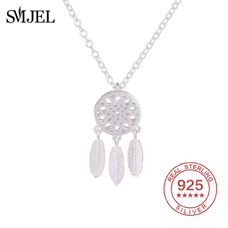 925 Sterling Silver Ethnic Tassel Dreamcatcher Necklace Circle Charm Necklaces for Women With Feathers Gift Bijoux Femme
