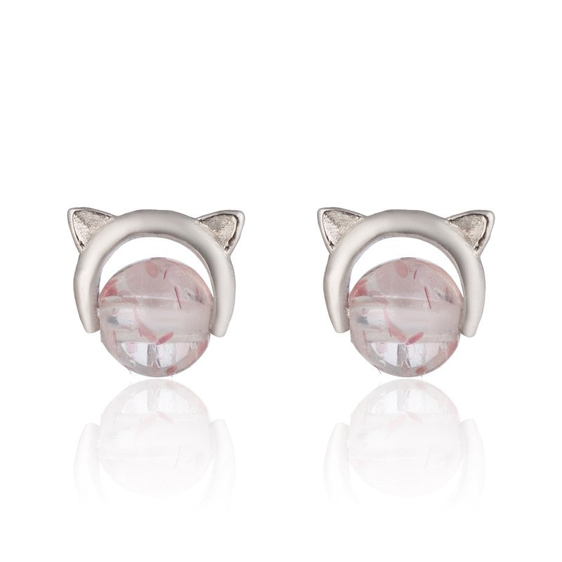 925 Sterling Silver Lovely Pink Cat Animal Stud Earrings for Girls Natural Strawberry Beads Earring Gift Oorbellen Earings