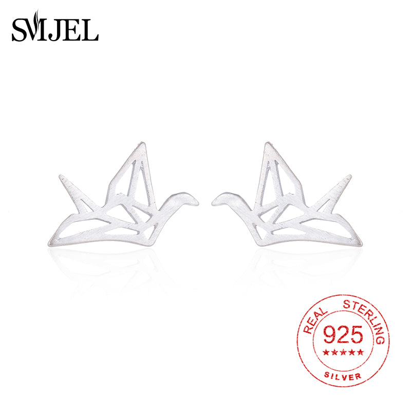 925 Sterling Silver Lovely Wild Origami Crane Stud Earrings for Women Graceful Pendientes Birds Earrings Fashion Gift Girl