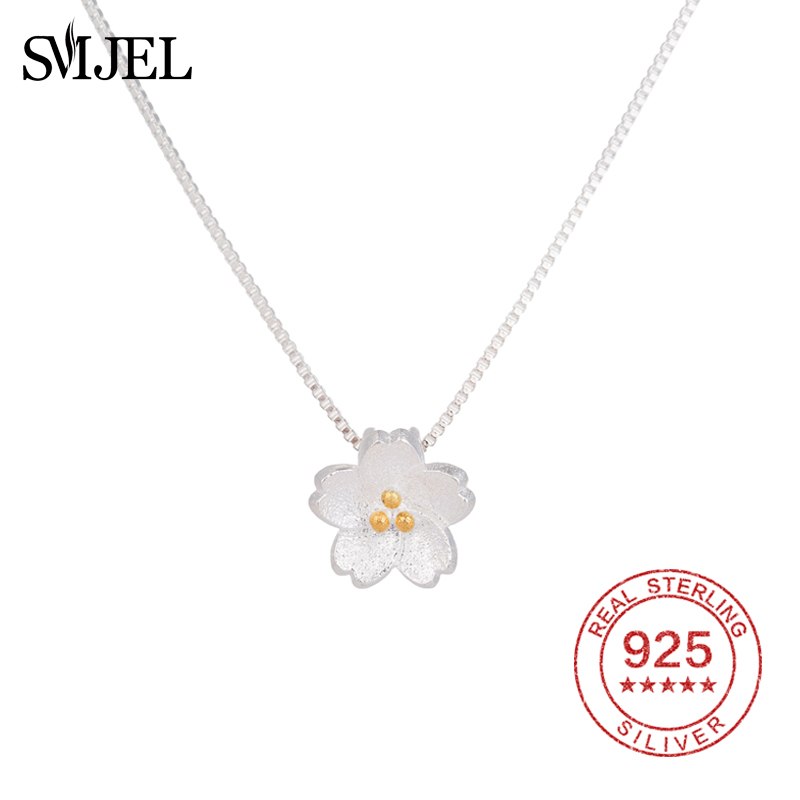 925 Sterling Silver Necklaces Cherry Blossom Flower Women Necklaces Charm Long Chain Flower Jewelry Party Gift