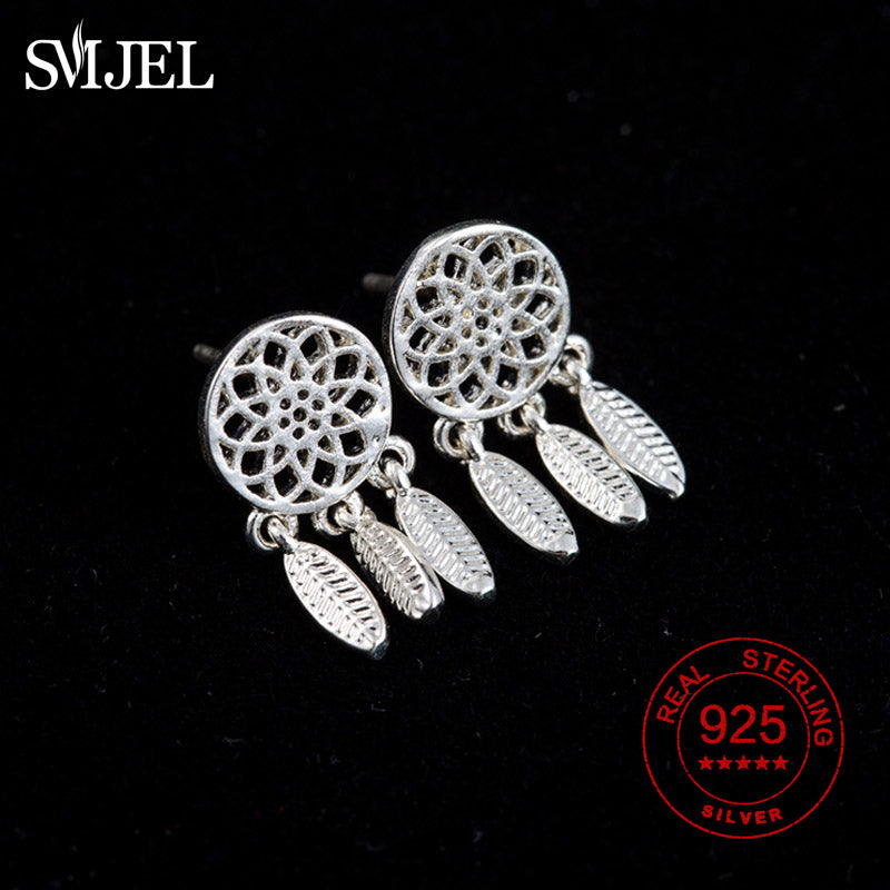 925 Sterling Silver New Fashion Ethnic Brushed Dreamcatcher With Feathers Tassel Stud Earrings for Women Party Gifts