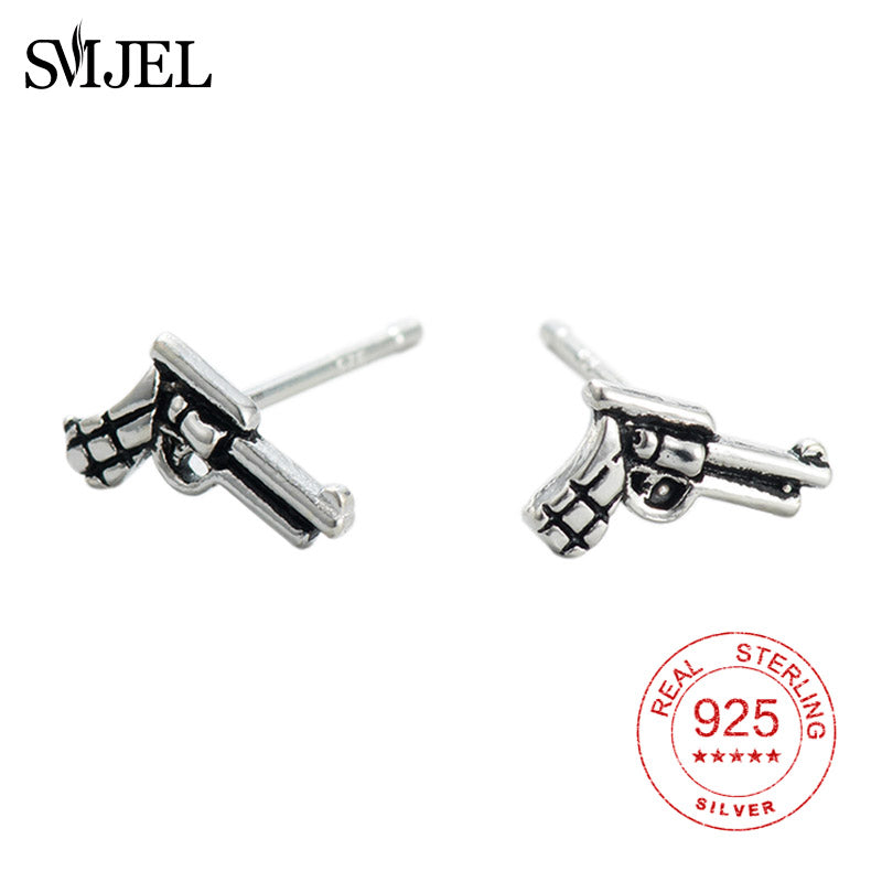 925 Sterling Silver Personality Punk Gun Shaped Weapon Female Stud Earring Pist Earrings for Women Men Hop
