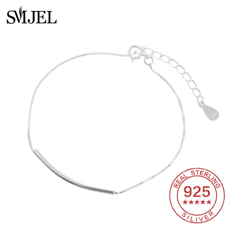 925 Sterling Silver Thin Sideways Strip Bar Bracelets Women BFF Jewelry Adjustable Chain Friends Curved Bar Bracelet