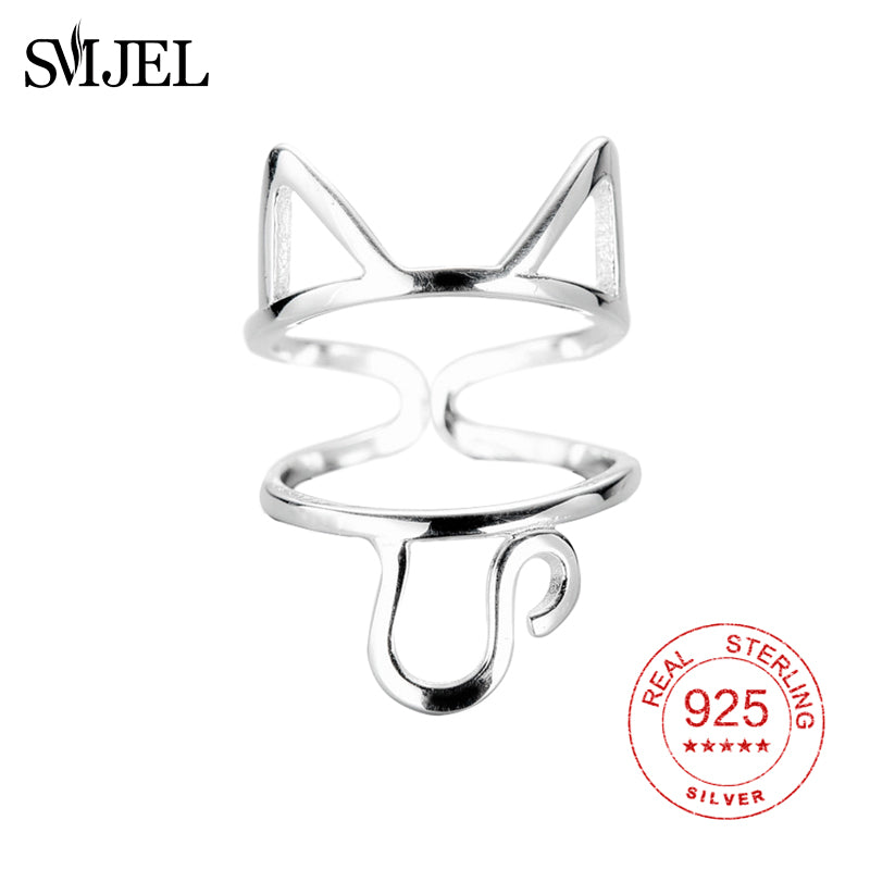 925 Sterling Sliver Cute Luxury Cat Statement Rings For Women Kitten Tail Big Finger Ring Jewelry Wholesale Anillos