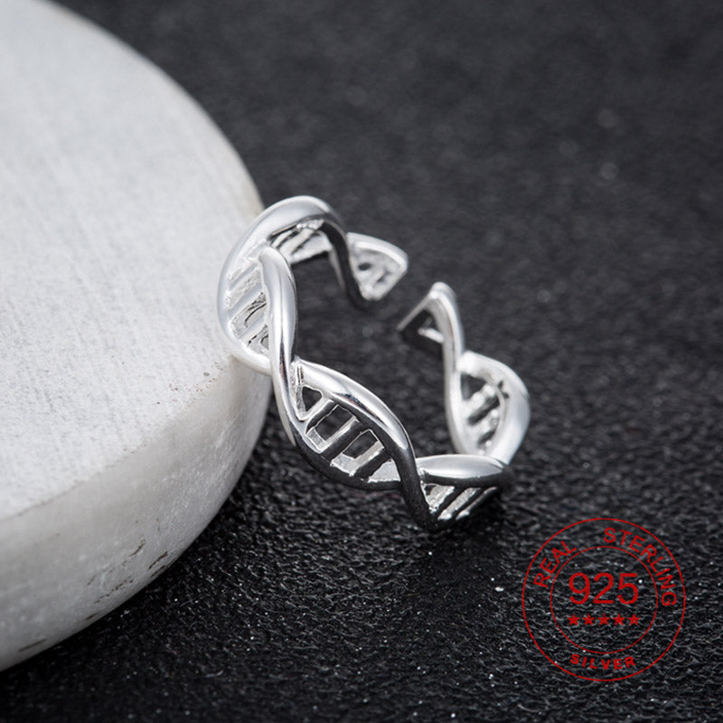 925 Sterling Sliver Unique Double Helix DNA Statement Rings For Women Chemistry Molecule Adjustable Ring Anel