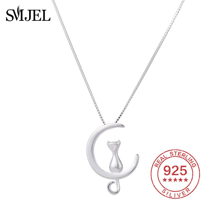 Cat Moon Pendant Necklace Charm Silver Link Chain 925 Sterling Silver Necklace Lucky Jewelry For Women Gift
