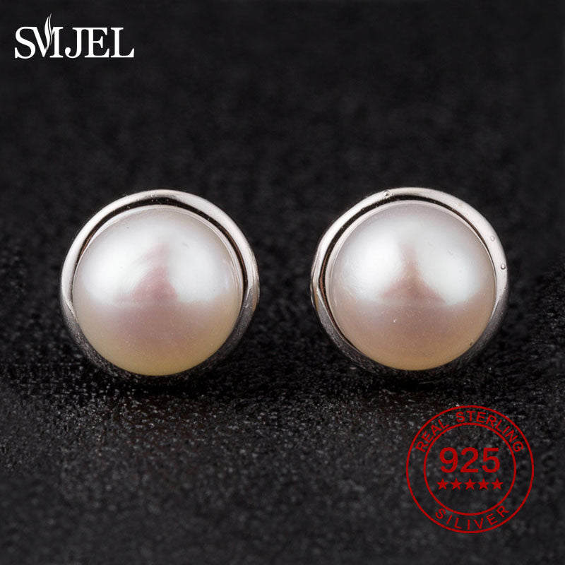 Classic Circle Statement Earrings Women Natural Pearl Round Stud Earring Wedding 100% Sterling Silver Jewelry