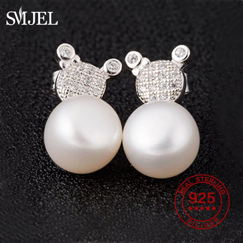 Crystal Mickey Earrings Girl Children Jewelry Natural Pearl Animal Stud Earring 100% Sterling Silver Jewelry