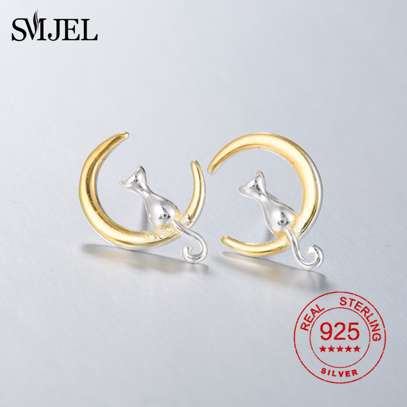 Cute Cat Stud Earrings 100% Sterling Silver Cat on the Moon Stud Earring for Women Brincos Christmas Gifts