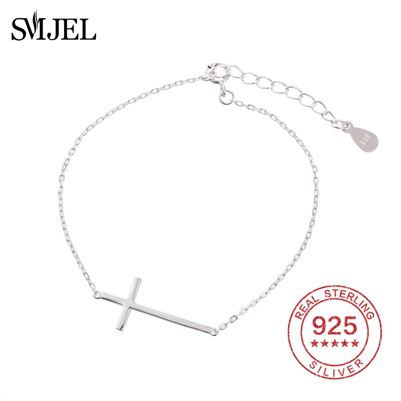 Jesus Christian Women Men Horizontal Sideways Cross Bracelets 925 Sterling Silver Jewelry Bracelet Bridesmaids Gift