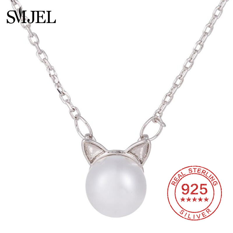 New Cute Cat Pearl Necklaces & Pendants for Women Animal Kitten Necklace 925 Sterling Silver Jewelry Collier Femme Bijoux