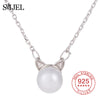 New Cute Cat Pearl Necklaces & Pendants for Women Animal Kitten Necklace 925 Sterling Silver Jewelry Collier Femme Bijoux