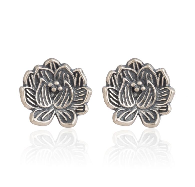 Real 925 Sterling Silver Lotus Earrings for Women Bohemia Black Flower Stud Earrings Party Gift Ladies Jewelry pendientes