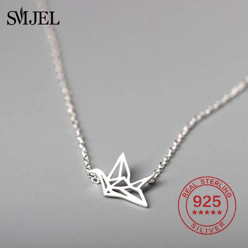 Real Silver 925 Elegant Origami Crane Necklace Chain Sterling Silver Geometric Bird Pendants&Necklaces Wholesale Jewelry