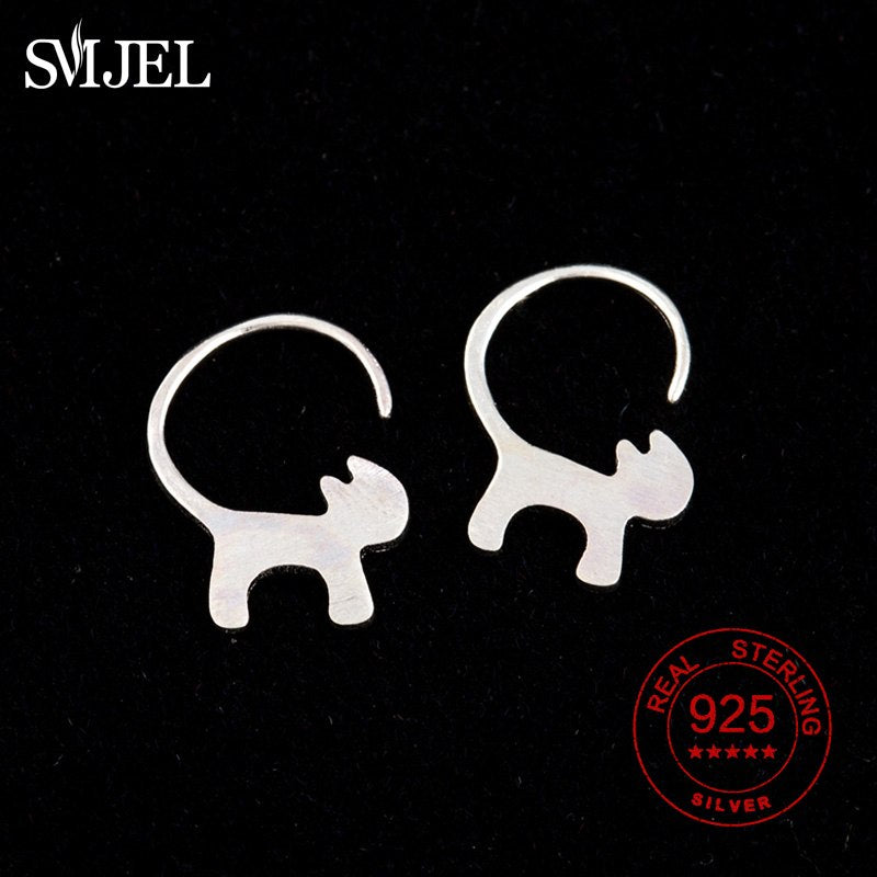 Solid 925 Sterling Silver Cute Spirit Long Tail Cat Earrings Animal Female Stud Earrings Lovely Kitten Jewelry Girl Gifts