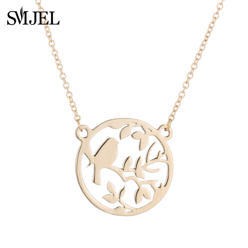 Stainless Steel Jewelry Animal Bird Necklace Landscape Bird on Branch Circle Statement Necklaces Women Collar N374