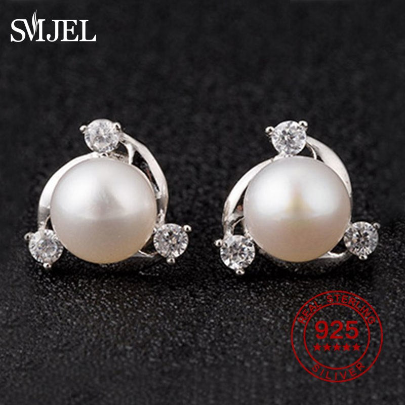 Women Earrings Crystal Circle Natural AAA Pearl Stud Earring 100% Sterling Silver Jewelry Engagement Gift