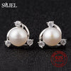 Women Earrings Crystal Circle Natural AAA Pearl Stud Earring 100% Sterling Silver Jewelry Engagement Gift