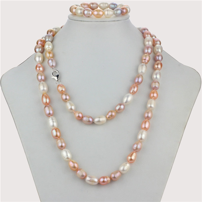 10mm A rice mixed color natural necklace and bracelet pearl set for women 925 silver clasp