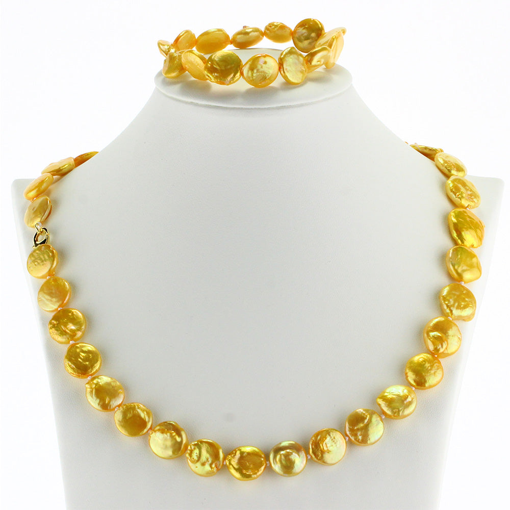 13mm AA coin pearl necklace 20'' bracelet 7.5'' natural real pearl jewelry set