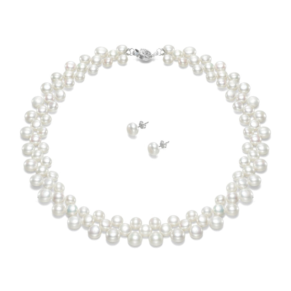 6-8mm AAA button 7.5 &18 natural real pearl jewelry set sterling silver accessory