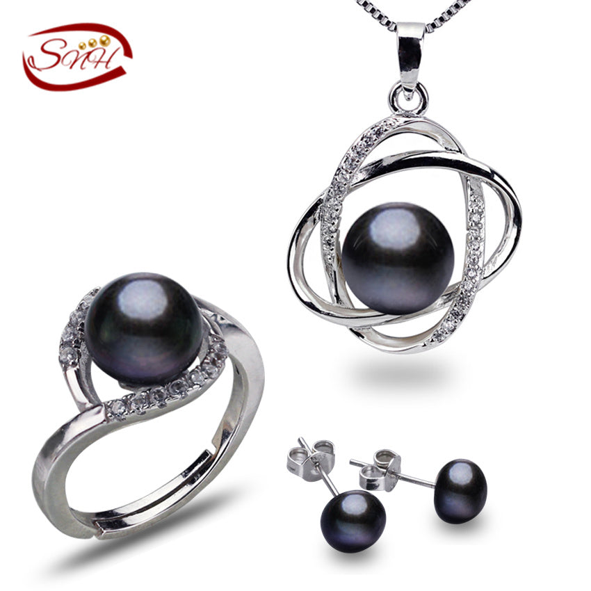 8-9mm button black color AAA 925silver natural real pearl set black pearls
