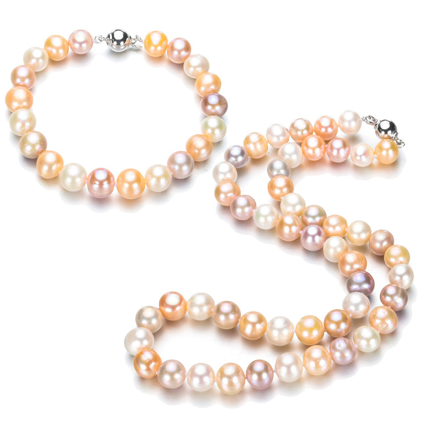 9mm AA- off round pearl Necklace/Bracelet set 100% 925 sterling silver natural cultured pearl jewelry sets