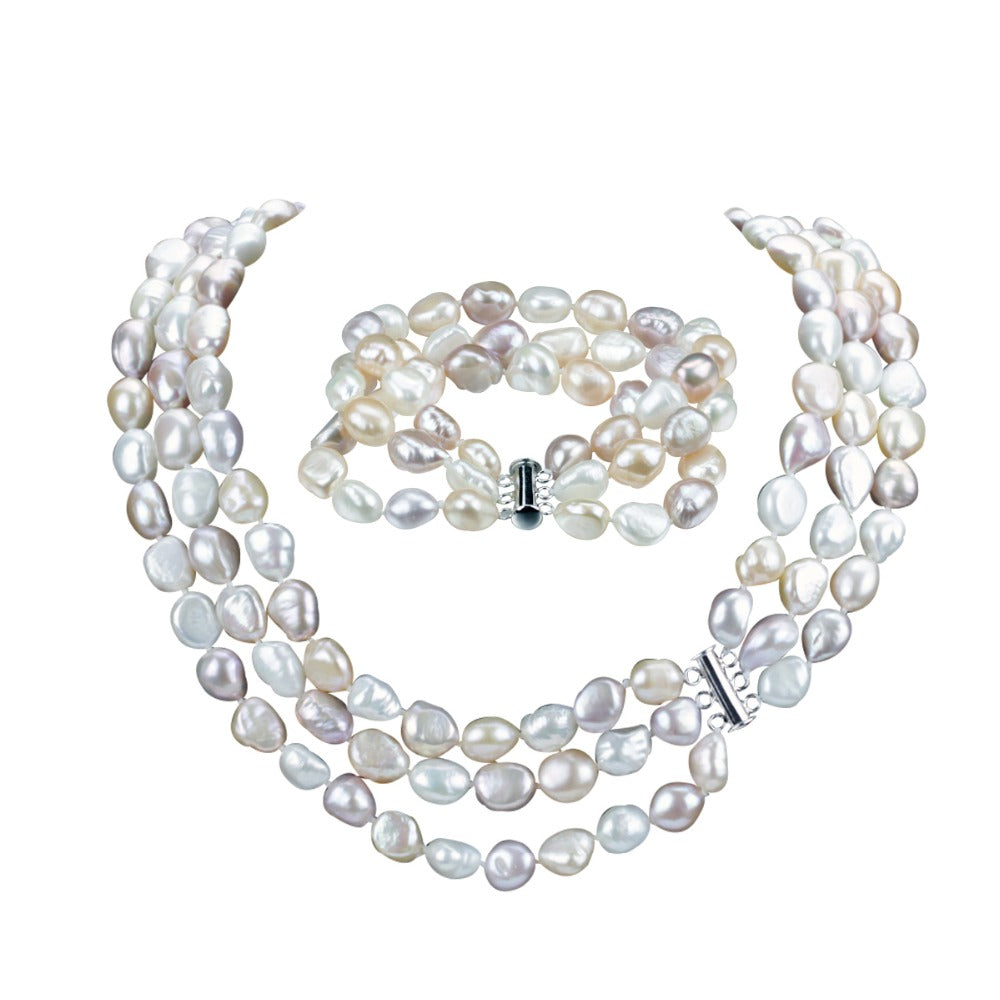 9mm baroque AA 3 rows pearl jewelry set pearl beads bracelet and necklace 925 sterling silver clasp