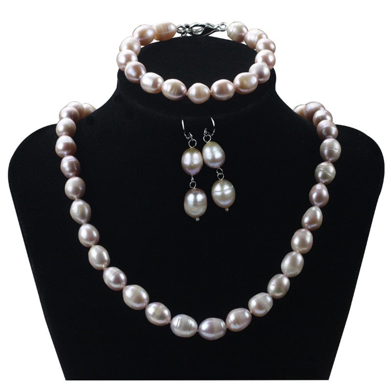 A 10mm Rice Bracelet & Necklace & Earrings 925 Sterling Silver Natural Cultured Pearl Jewelry Sets Gift