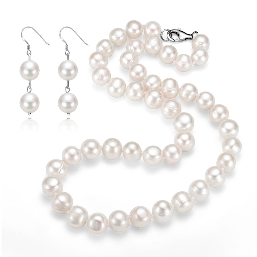 A 9mm off round pearl Necklace/Earrings 100% 925 sterling silver natural cultured pearl jewelry sets