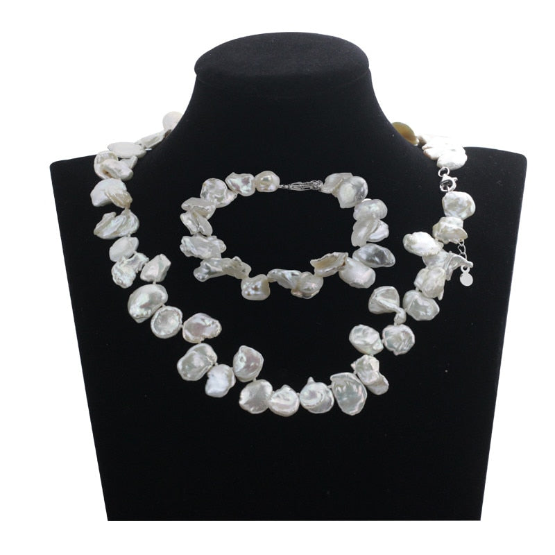 AAA 14mm keshi pearl Necklace & Bracelet 100% 925 sterling silver clasp natural cultured pearl jewelry sets